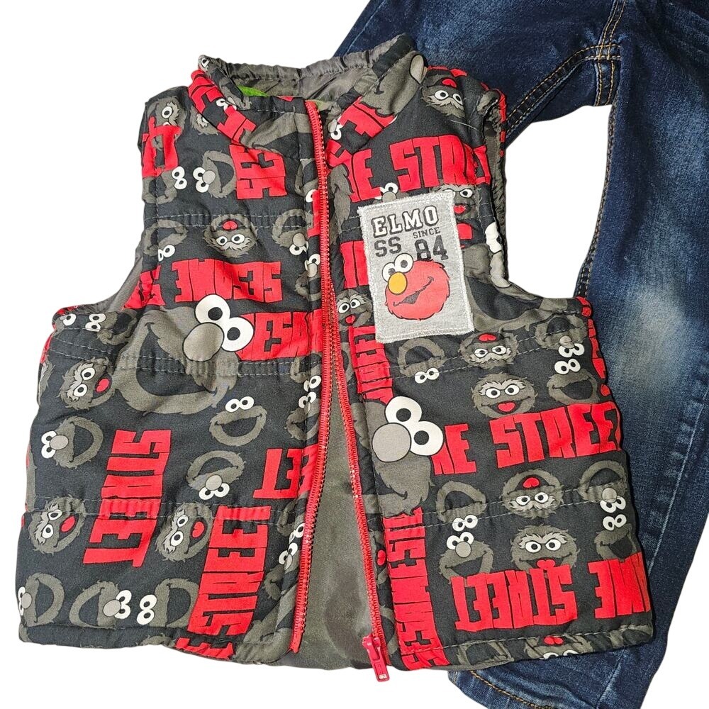 Sesame Street Elmo All Over Print Zip Up Vest Grey Red 18M